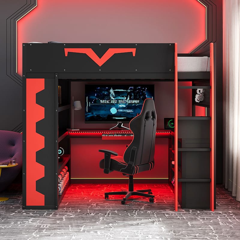 Full Size Gaming Loft Bed with Desk & RGB LED Lights, Pro-Gamer Setup with Pegboard, Keyboard Tray & Storage