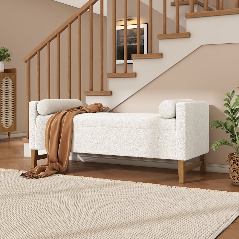 Christopher Knight Home - Tommy Boucle Upholstered Storage Ottoman with Solid Wood Legs and Pillows - Ivory