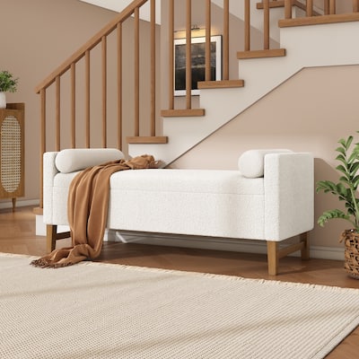 Christopher Knight Home - Tommy Boucle Upholstered Storage Ottoman with Solid Wood Legs and Pillows