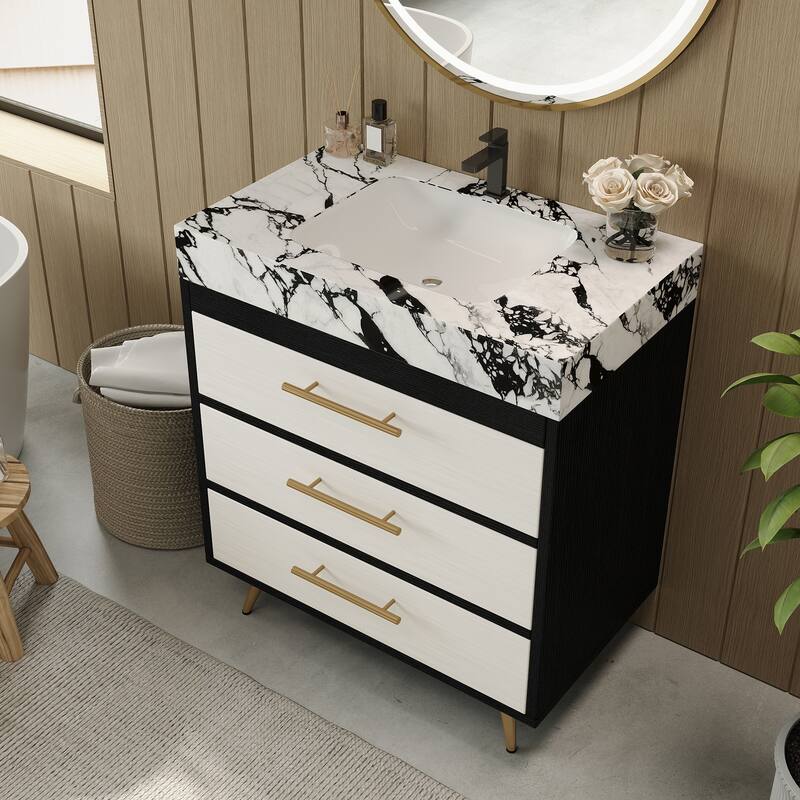 GDFStudio - Athens Modern 29.9" Freestanding Bathroom Vanity with Sintered Stone Top, Ceramic Vessel Sink & Stainless Steel Legs