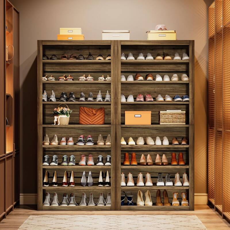 71 Inches Brown Wood Large Shoe Cabinet with Adjustable Shelves, 8-Tier Tall Shoe Storage Organizer for Entryway