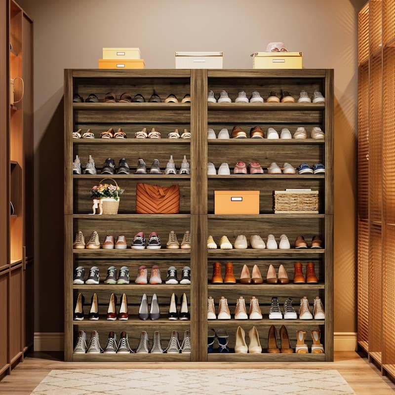 71 Inches Brown Wood Shoe Cabinet with Adjustable Shelves, 8-Tier Tall Shoe Storage Organizer for 32-36 Pairs of Shoes