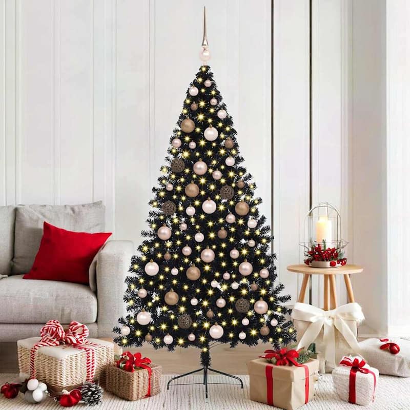 vidaXL Christmas Tree with Decorative String Lights - Black with LEDs and rose gold balls - 6 Foot