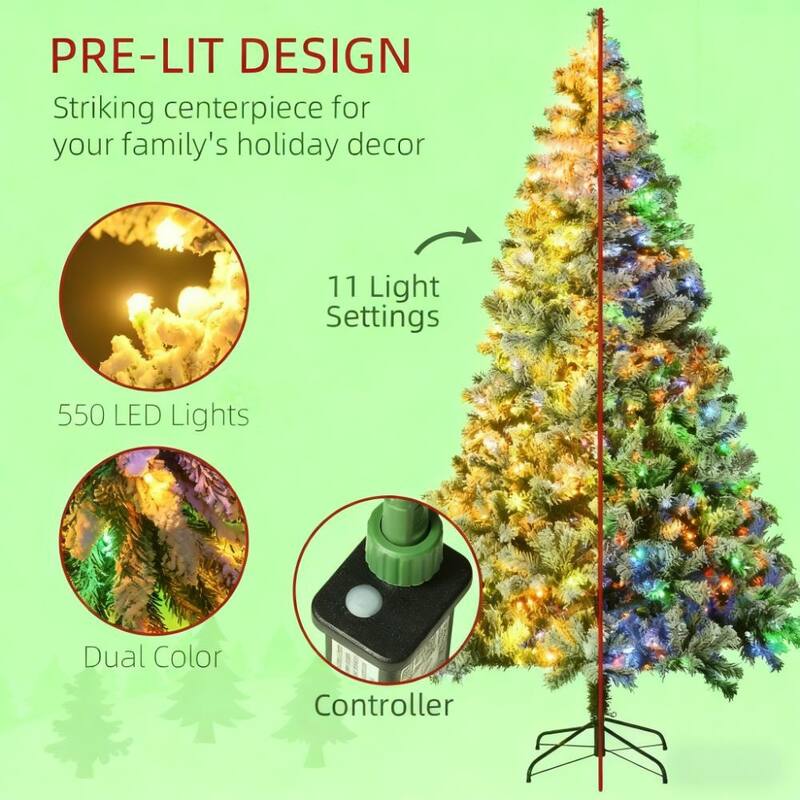 Pre-Lit Artificial Tree - Snow Frosted Branches, Warm White/Colorful LED Lights, Steel Base - Green