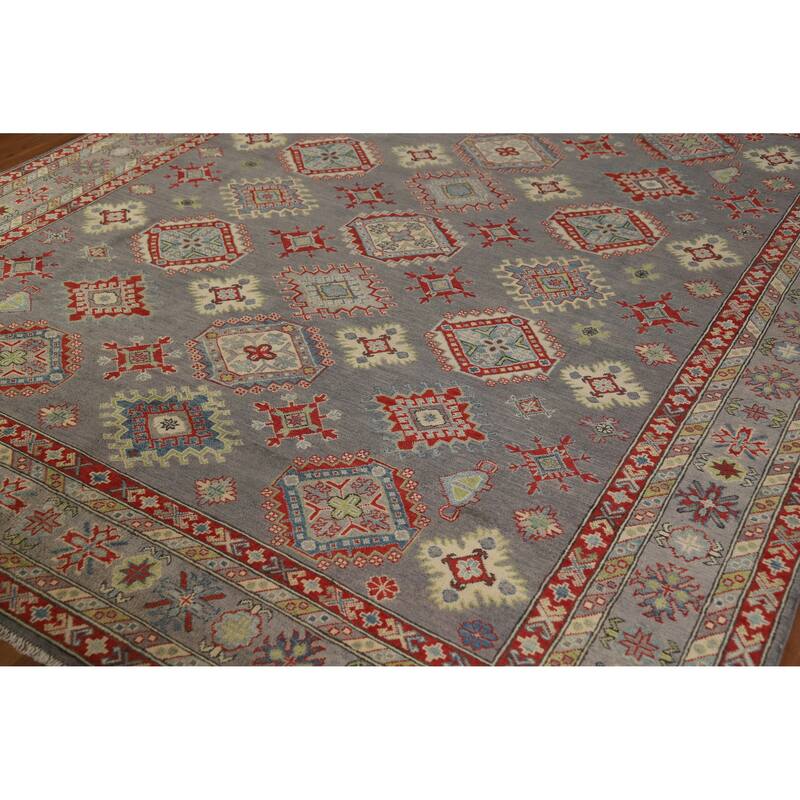 Hand Knotted Oriental 100% Wool Carpet Traditional Geometric Greys & Charcoal Kazak Area Rug - 9' 10'' X 8' 2''