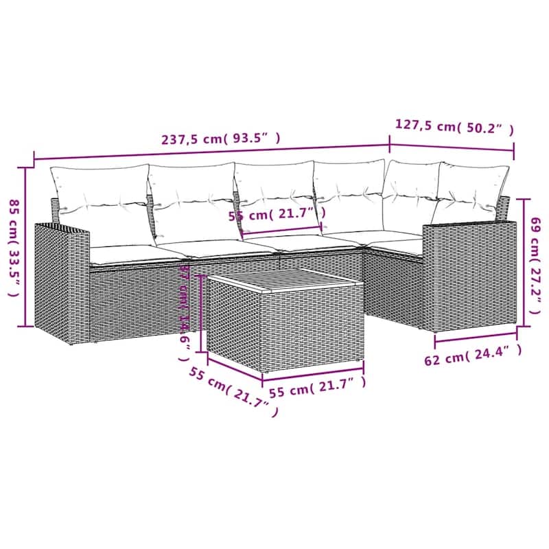 vidaXL Patio Sofa Set with Cushions Outdoor Furniture 6 Piece Poly Rattan