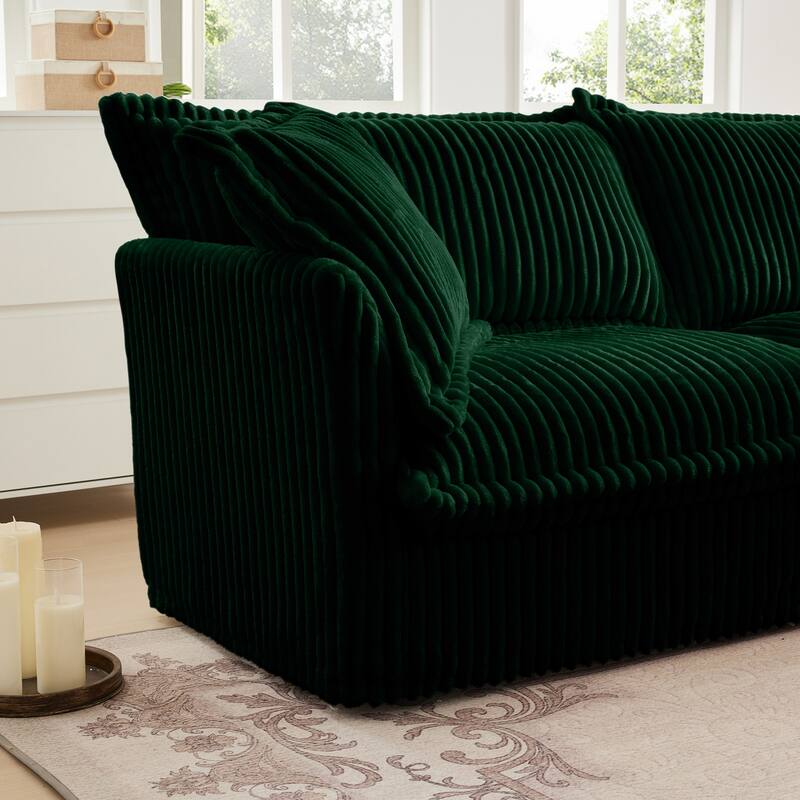 Corduroy 2-Seater Sectional Sofa with Convertible Ottoman & Pillows