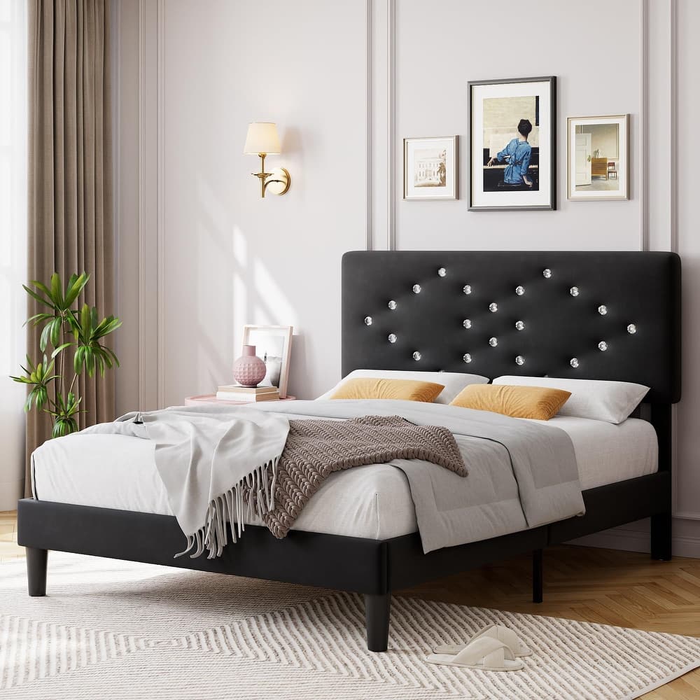 Velvet Upholstered Bed Frame, Vertical Channel Tufted & Sturdy Wood Slats