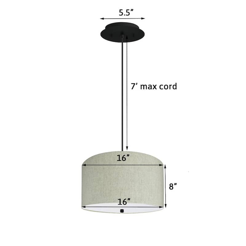 16" W 2 Light Pendant Textured Oatmeal Shade with Diffuser, Black Cord