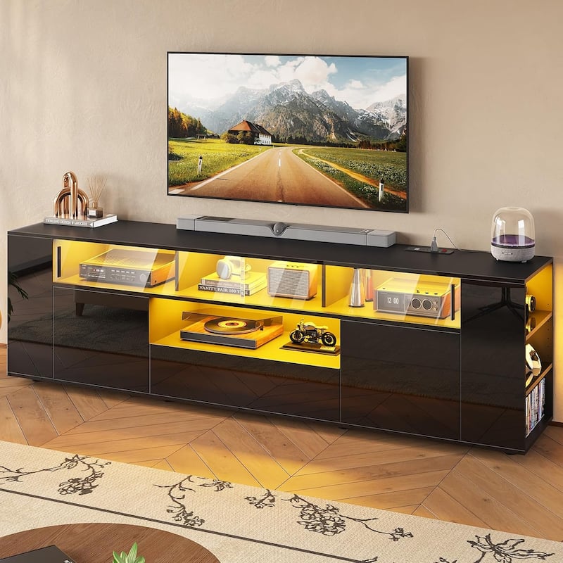 TV Stand for 70/75/80 Inch TV 1 Drawer and 2 Storage Cabinet Power Outlet - Black