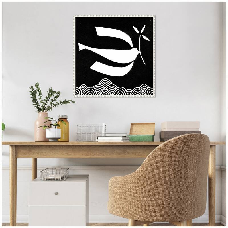 Kate and Laurel Sylvie Volare 2 Black and White Bird Linocut Framed Canvas by Giuliana Lazzerini
