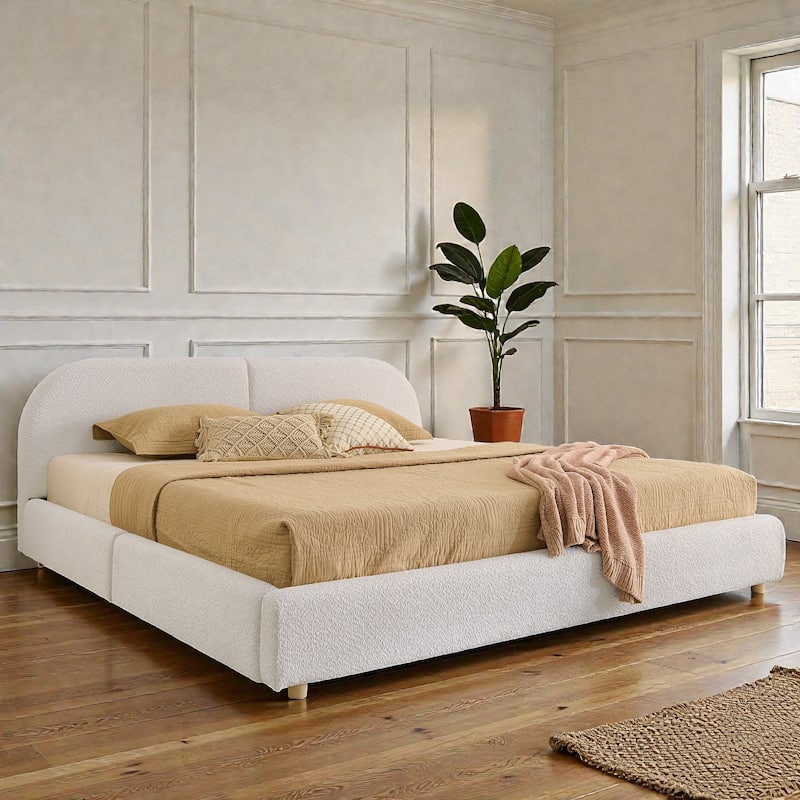 Upholstered Bed Frame with Tall Curved Headboard and Storage Drawers, Modern Minimalist Platform Bed No Box Spring - Beige - King