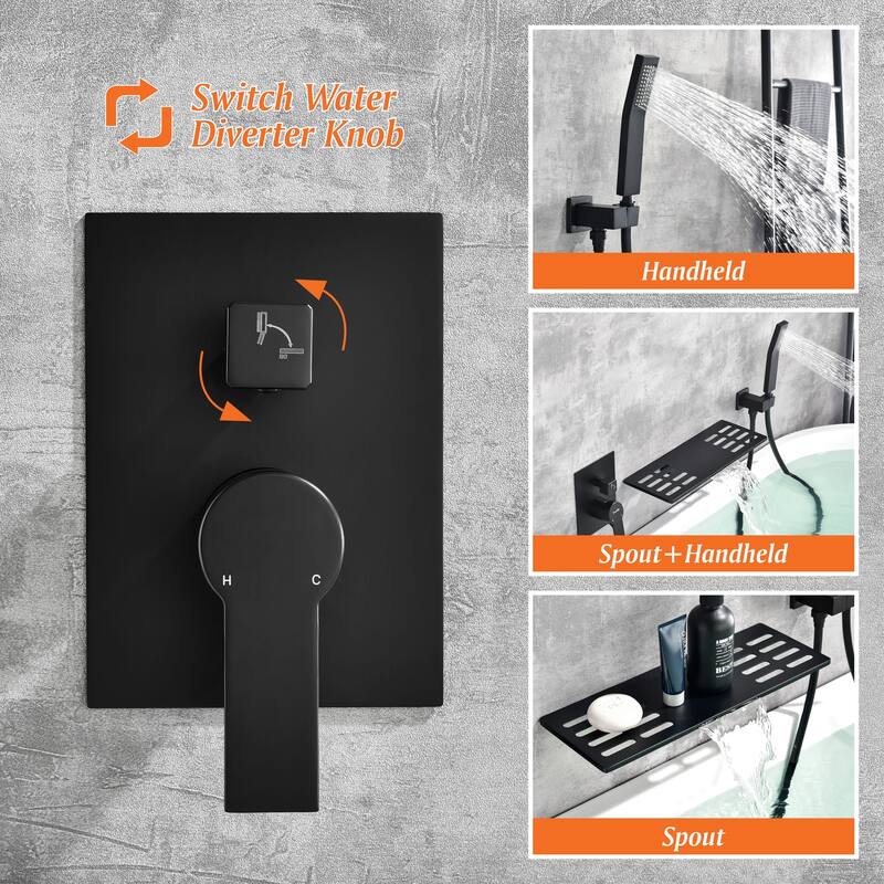 Wall Mount Bathtub Faucet With Handheld Shower Waterfall Tub Faucet Single Handle Tub Filler Set Complete With Rough-In Valve