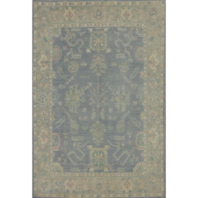 Vegetable Dye Blue Wool Oushak Turkish Area Rug, Floral Geometric Carpet - 9' 11'' X 8' 0''