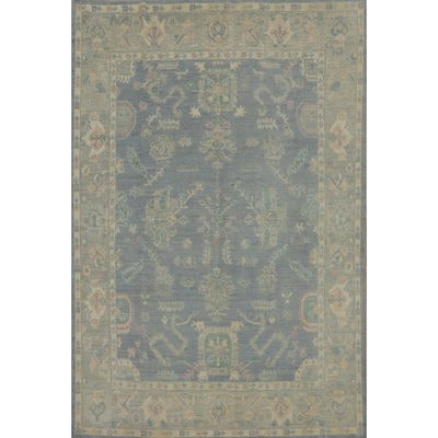 Vegetable Dye Blue Wool Oushak Turkish Area Rug, Floral Geometric Carpet - 9' 11'' X 8' 0''