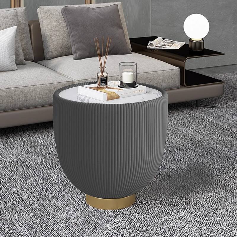 Modern Round Marble Pattern Tabletop Leather Edge Sofa End Table - Grey,marble