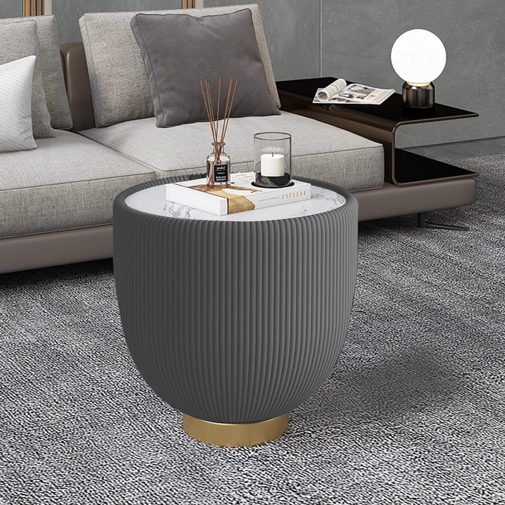 Modern Round Sintered Stone Pattern Tabletop Leather Edge End Table with Metal Base, Each Tabletop has a Unique Grey Pattern