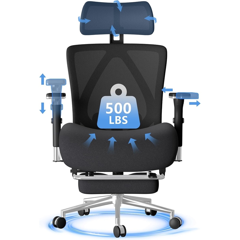 500 LBS Capacity Big and Tall Ergonomic Mesh Office Chair with Footrest, 4D Armrest, and Adjustable Lumbar Support