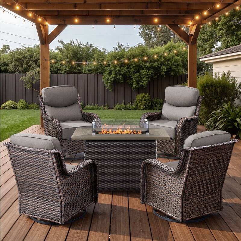 Arcadia 5-Piece Patio Conversation Set with 4 Swivel Glider Chairs and Wicker Fire Pit - Gray Cushions - Brown Wicker