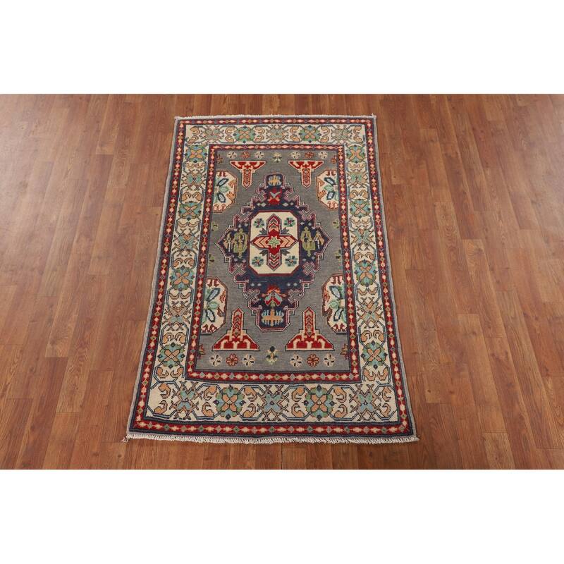 Geometric Kazak Accent Rug Handmade Grey Wool Carpet - 3'1" x 5'1"