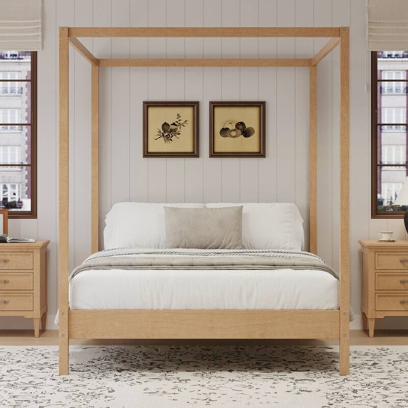 Solid Wood Canopy Bed Frame Four Poster Platform Bed with Slats Support - Natural - King