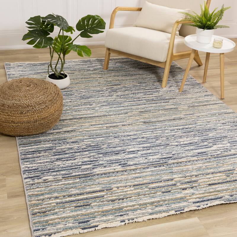 Cali Collection - Blue/White Distressed Texture Banded Rug