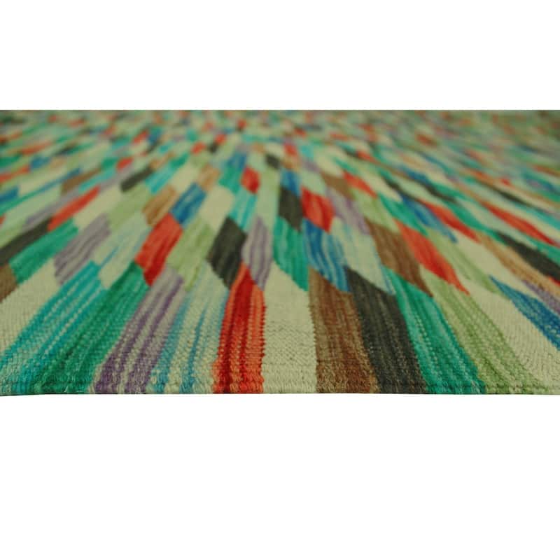 Hand-Woven Winchester Kilim Mamoun Green/Rust Rug - 6'8" x 9'11"