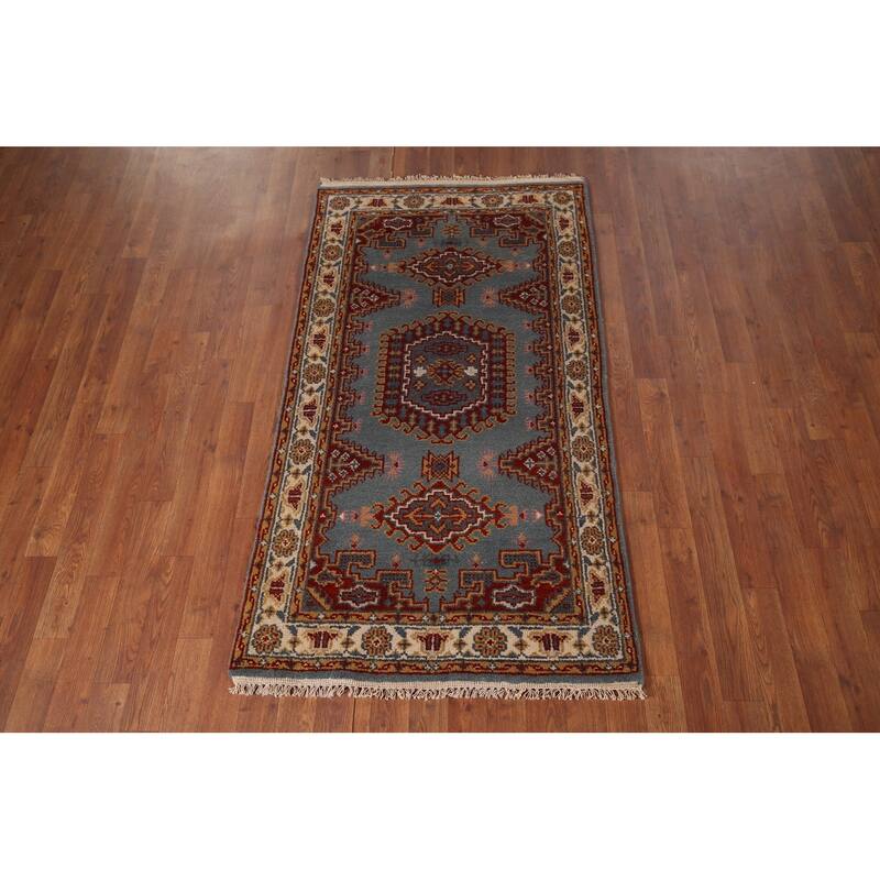 Blue Geometric Viss Oriental Accent Rug Hand-Knotted Wool Carpet - 2'11"x 5'3"