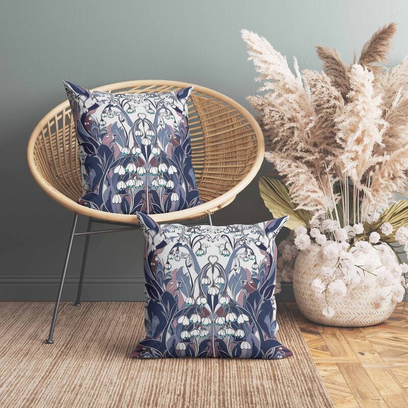 Lily of the Valley Indoor/Outdoor Reversible Throw Pillow White and Blue
