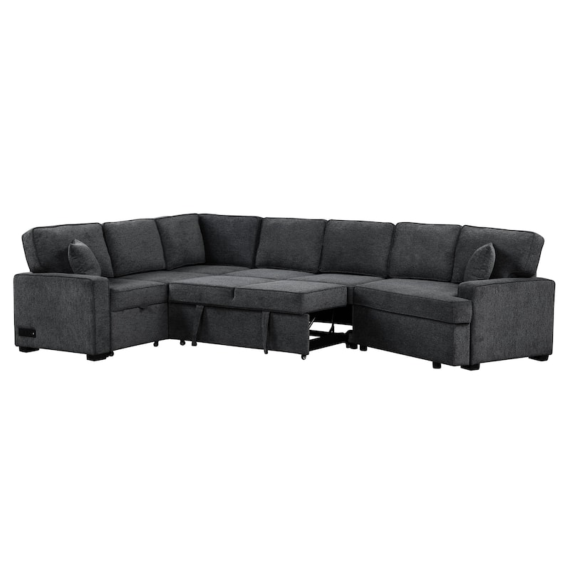 126" Chenille L-Shaped Sectional Sofa Bed with USB Charging