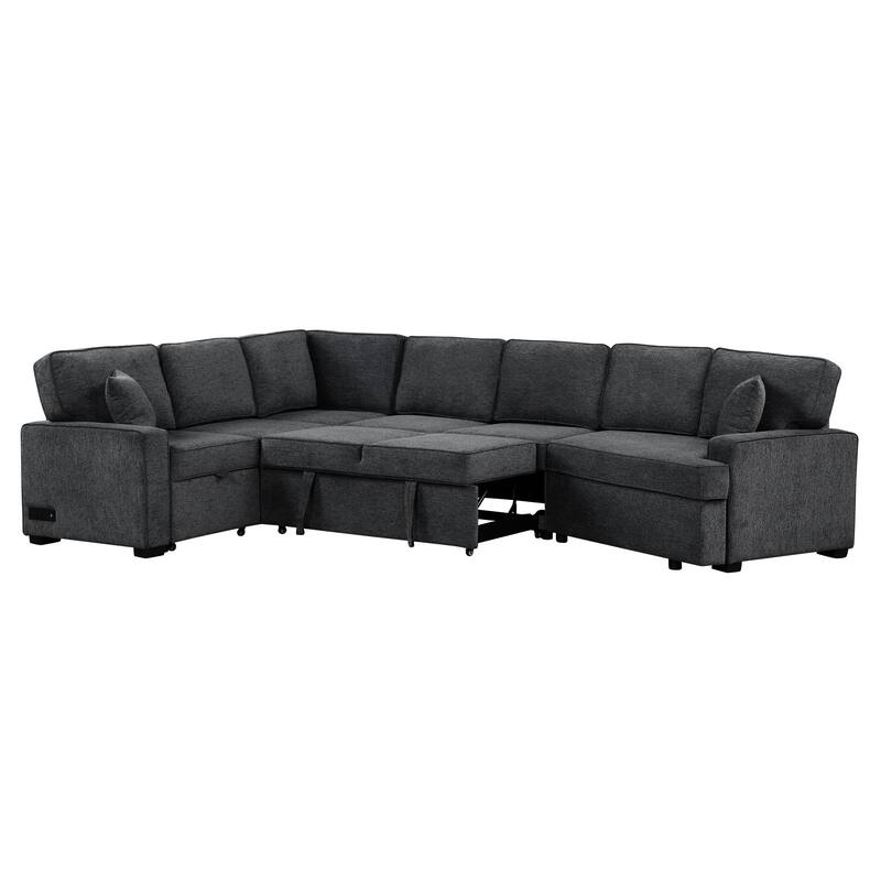Modern 126" L-Shaped Sofa with Sleeper Bed, Cup Holders, and Power Outlets