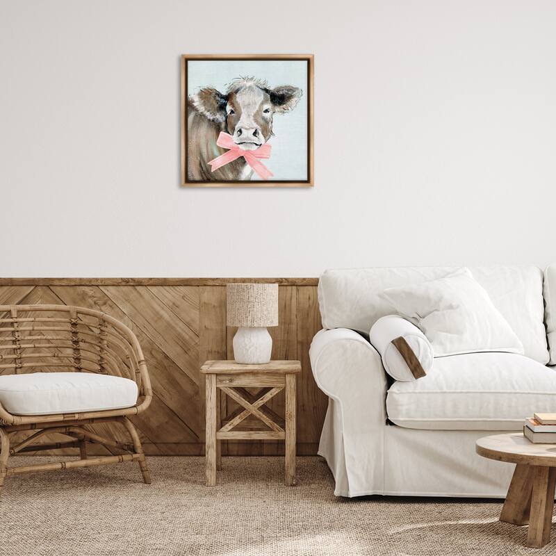 Stupell Cow with Pastel Ribbon Framed Floater Canvas Wall Art Design By Janet Tava