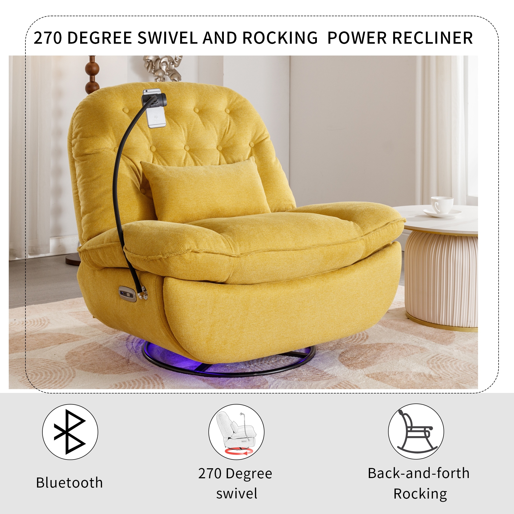 Yellow Velvet Power Swivel Recliner Sofa Smart Rocking Chair Voice controlled Sofa w Bluetooth Player USB Ports Hidden Storage Bed Bath Beyond 39465483