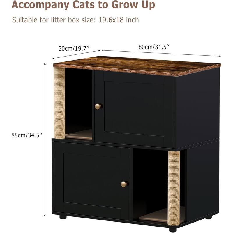 Double Cat Litter Box Enclouse with Scratch Post and Litter Mat