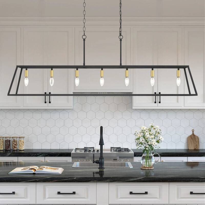 55In Farmhouse Black/ Gold 7-light Linear Dining Chandelier with UL Certified - 55 inches