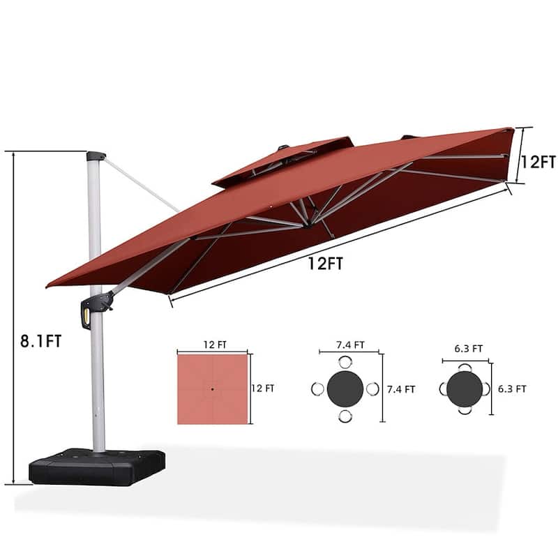 PURPLE LEAF 12 ft Double Top Deluxe Square Patio Cantilever Umbrella