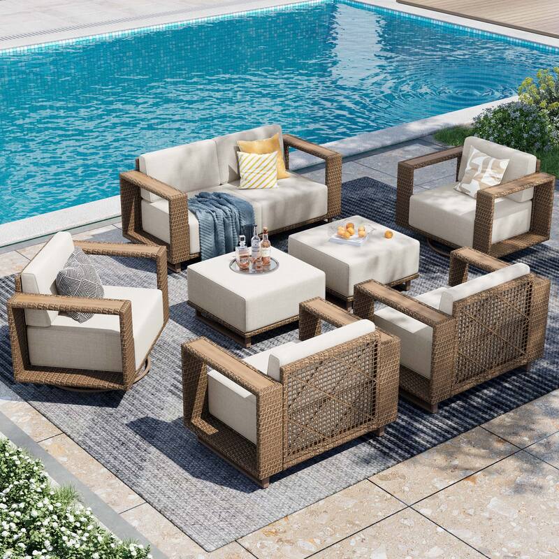 MAISON ARTS Modular Rattan Patio Sofa Set, All-Weather PE Wicker 4/6/8-Seat Sectional, Stationary or Swivel Chairs - 8-Seat Sofa, Stationary & Swivel