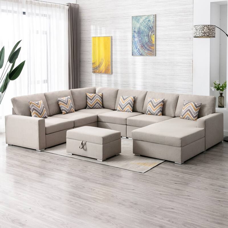 Linen Fabric 7 Piece Reversible Chaise Sectional Sofa with Interchangeable Legs, 7 Pillows and Storage Ottoman