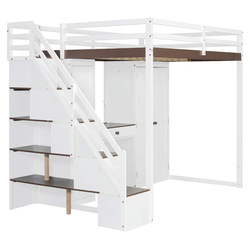 Full Size Loft Bed with Storage Staircase, Built-in Dressing Table, Mirror & Wardrobe - USB Charging & Lights