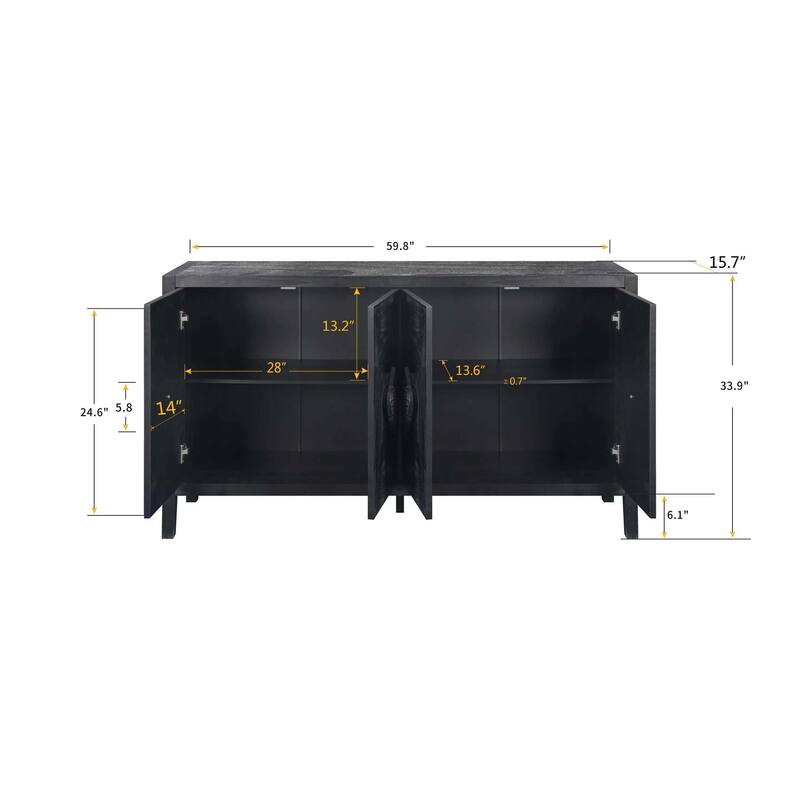 4 Door Antique Sideboard Buffet Cabinet with Carved Flower Handles, Adjustable Shelves, for Living Room, Kitchen, Hallway