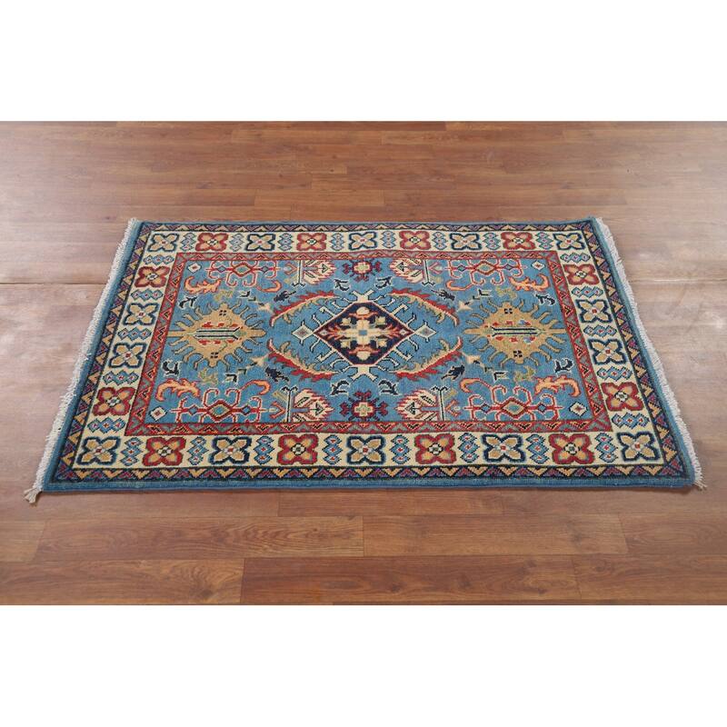 Blue Geometric Kazak Foyer Rug Hand-Knotted Wool Carpet - 2'10" x 3'11"