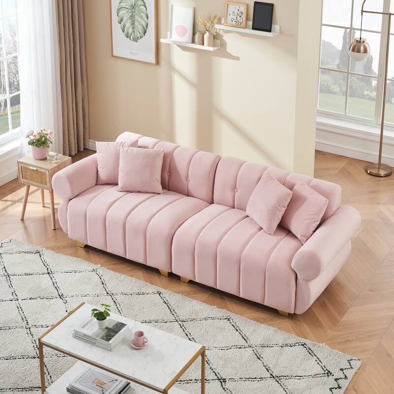 89-Inch Pink Velvet Sofa with Spring-Wrapped Cushions and Throw Pillows