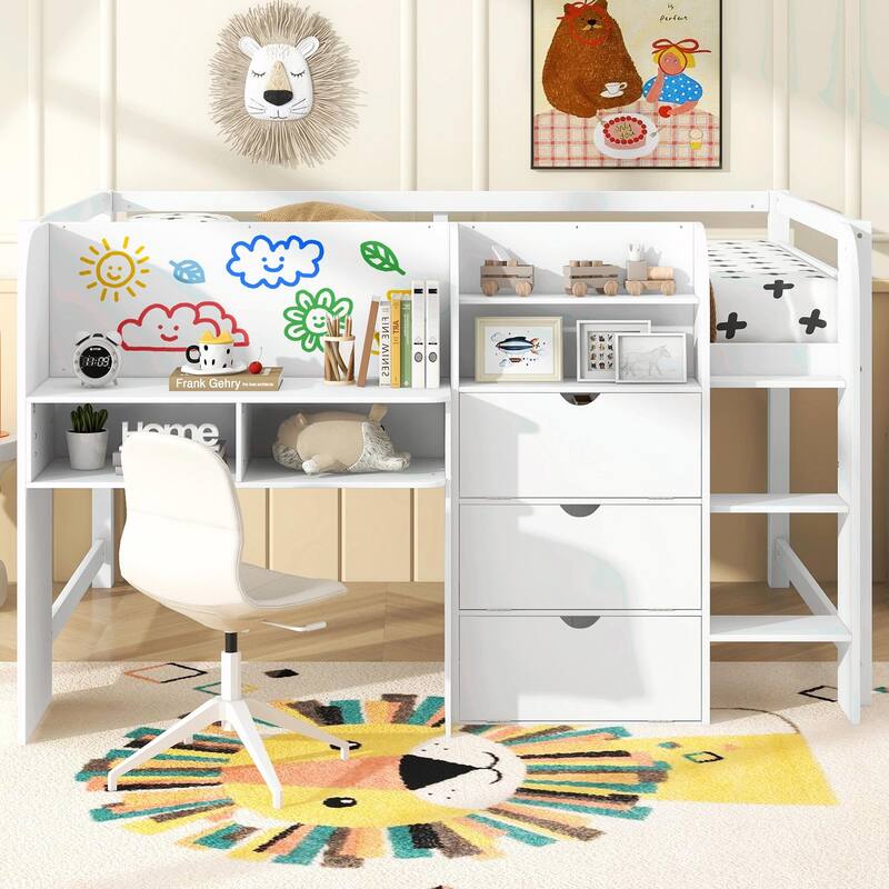 Full Size Low Loft Bed with Built-in Desk, Storage Cabinets, Open Bookcase, and Whiteboard for Graffiti