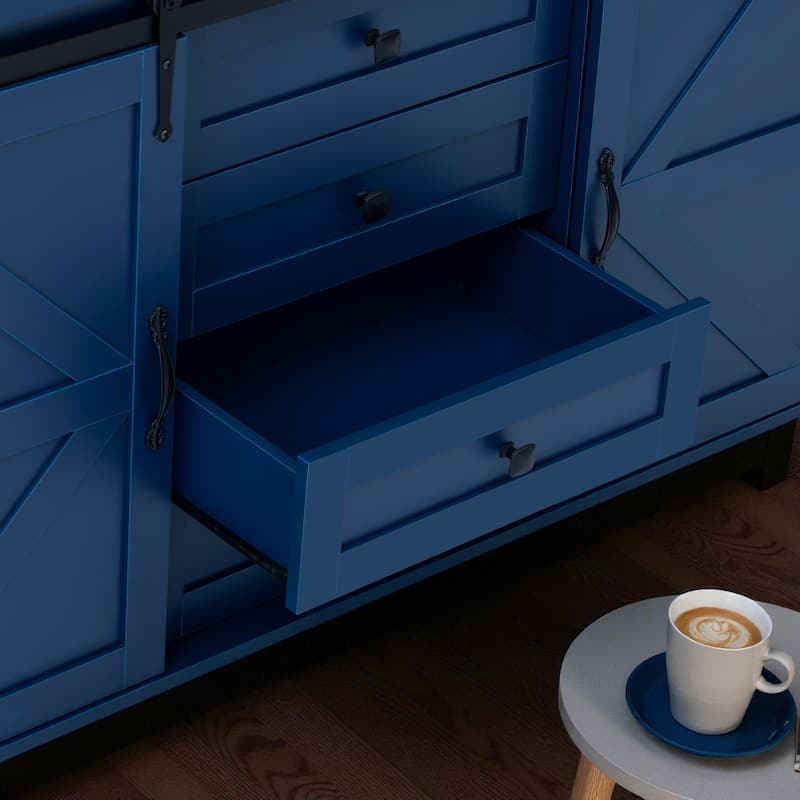 55.1-Inch Farmhouse Sideboard Buffet with Sliding Barn Doors, 4 Drawers & Power Outlet, Wood Storage Cabinet