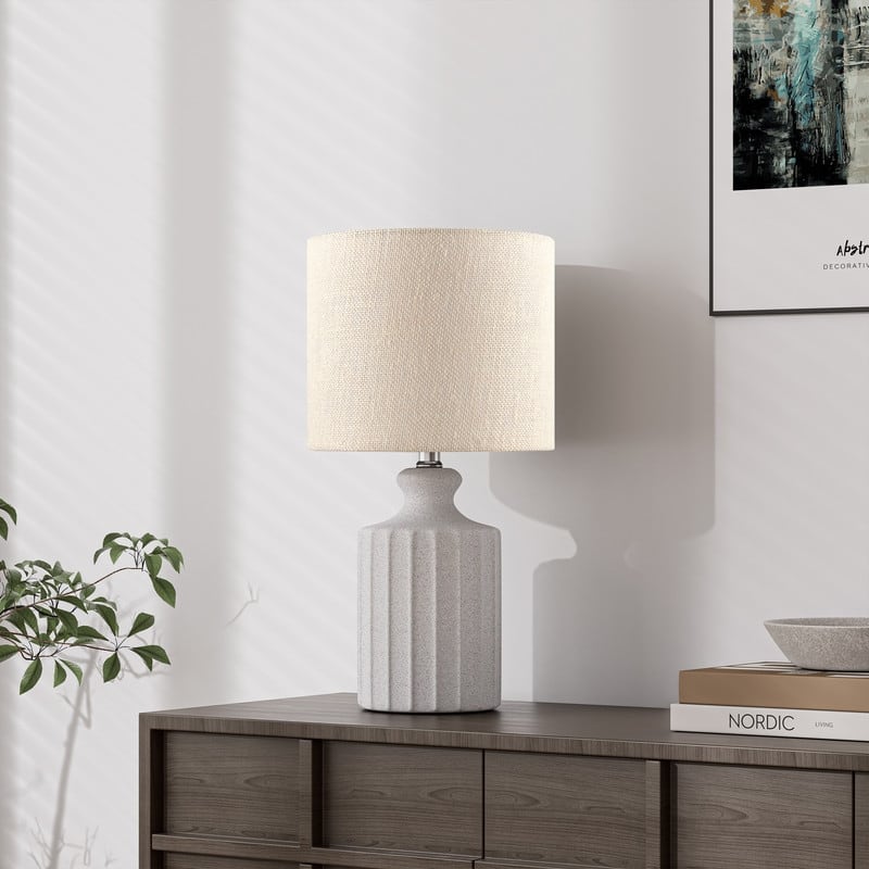 KAWOTI Modern White Ceramic Table Lamp with Linen Drum Shade - W9" x 17.5"