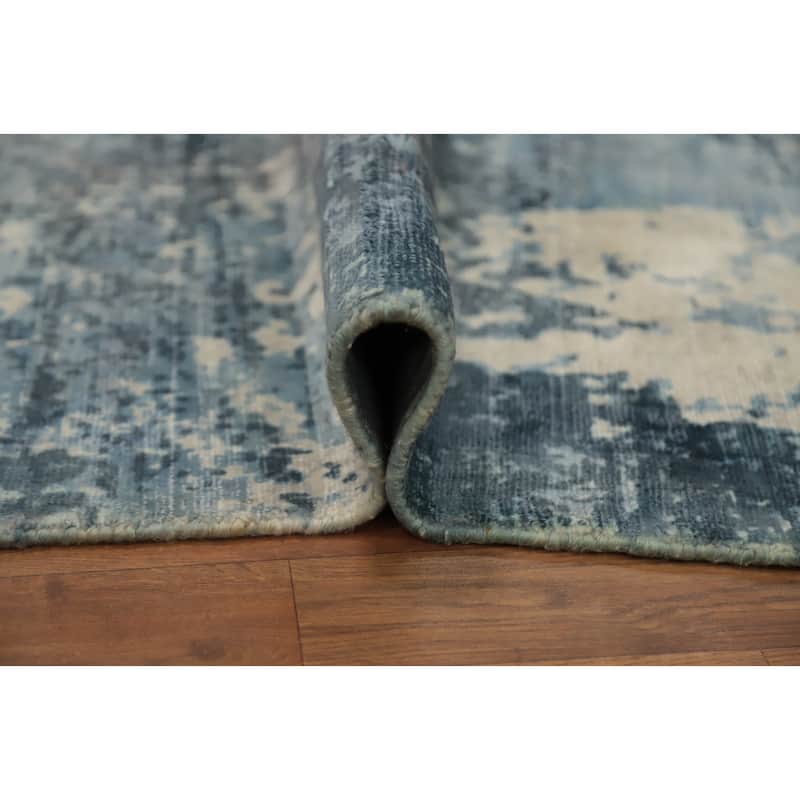 Hand Knotted Oriental Viscose Silk Carpet Modern All-Over Navy Blue & Blues Abstract Area Rug - 7' 11'' X 4' 11''