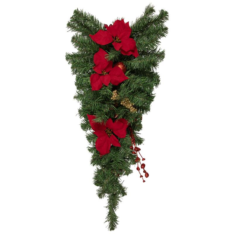 30'' Red Poinsettia Gold Pine Cone Artificial Christmas Teardrop Swag