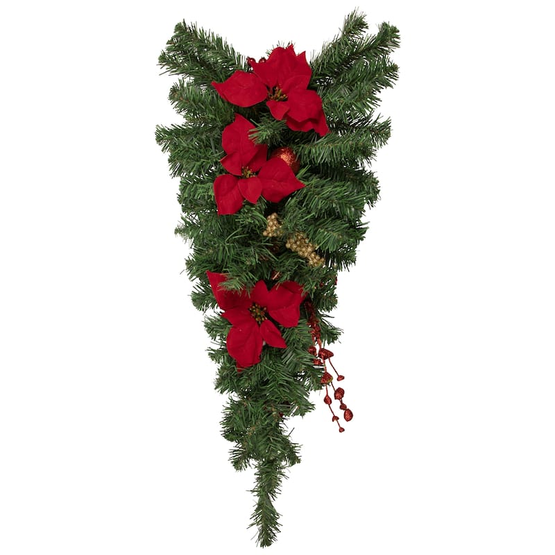 30'' Red Poinsettia and Gold Pine Cone Artificial Christmas Teardrop Swag Unlit - 30'