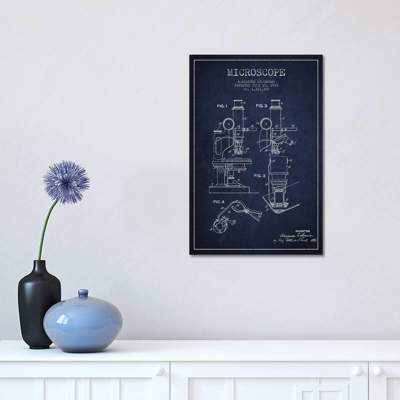 iCanvas "Microscope Navy Blue Patent Blueprint" by Aged Pixel Canvas Print - 18x12x1.5
