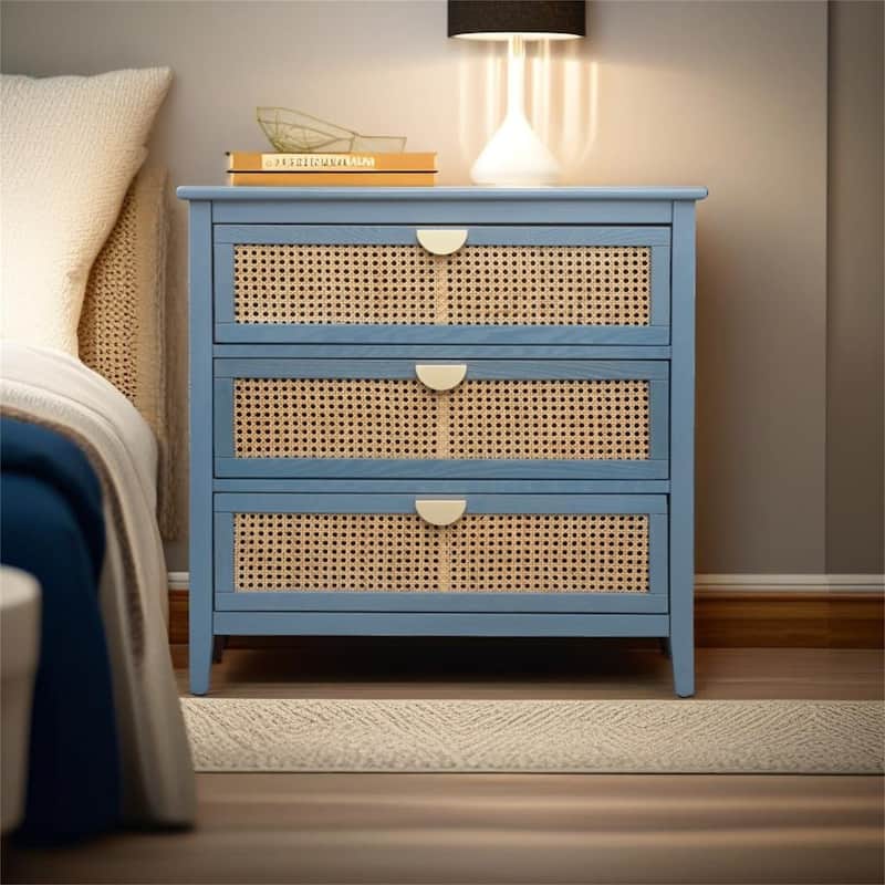 3 Drawer Natural Rattan Cabinet - Blue